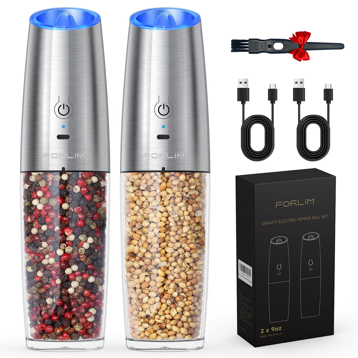FORLIM Gravity Electric Salt and Pepper Grinder Set, USB Rechargeable 9oz Large Capacity Salt Grinder, Automatic One-Click Grinding One Hand Operated Adjustable Coarseness Pepper Mill(Silver)