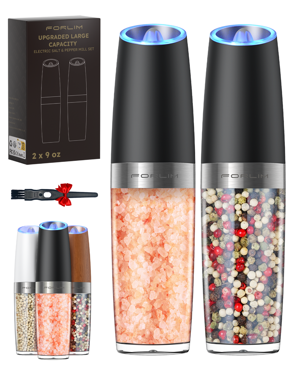 FORLIM Upgraded 9 Oz Capacity Gravity Electric Salt and Pepper Grinder Set, Battery Powered One Hand Operation Refillable Automatic Grinder Shakers Mill Adjustable Coarseness(Black)