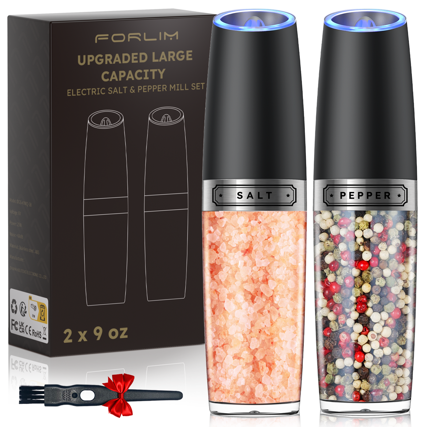 FORLIM Upgraded 9 Oz Capacity Gravity Electric Salt and Pepper Grinder Set, Battery Powered One Hand Operation Refillable Automatic Grinder Shakers Mill Adjustable Coarseness(Black)