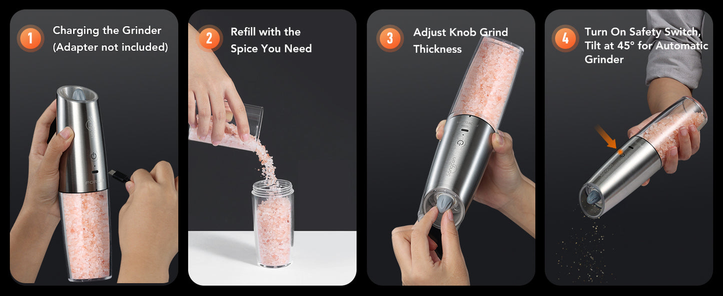 FORLIM Gravity Electric Salt and Pepper Grinder Set, USB Rechargeable 9oz Large Capacity Salt Grinder, Automatic One-Click Grinding One Hand Operated Adjustable Coarseness Pepper Mill(Silver)