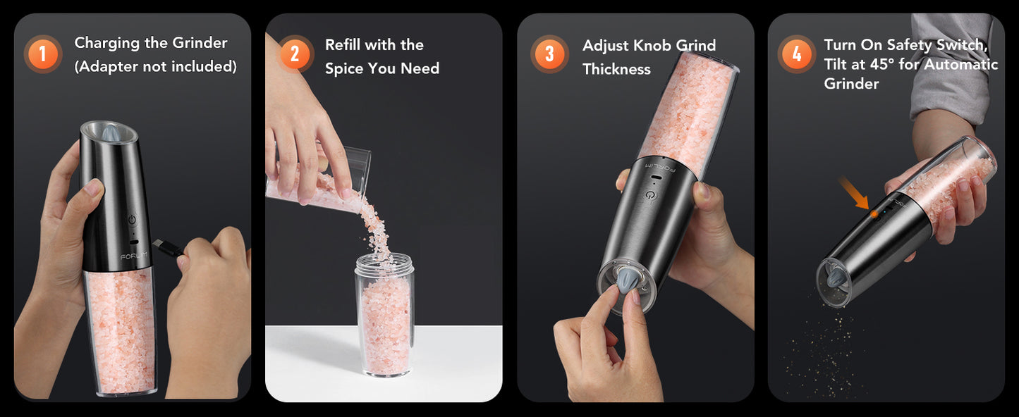 FORLIM Rechargeable Electric Salt and Pepper Grinder Set, 9oz XLarge Capacity Automatic Pepper Mill, Gravity One-Click Grinding One Hand Operated, Stainless Steel Salt Grinder (Metallic Gunmetal)