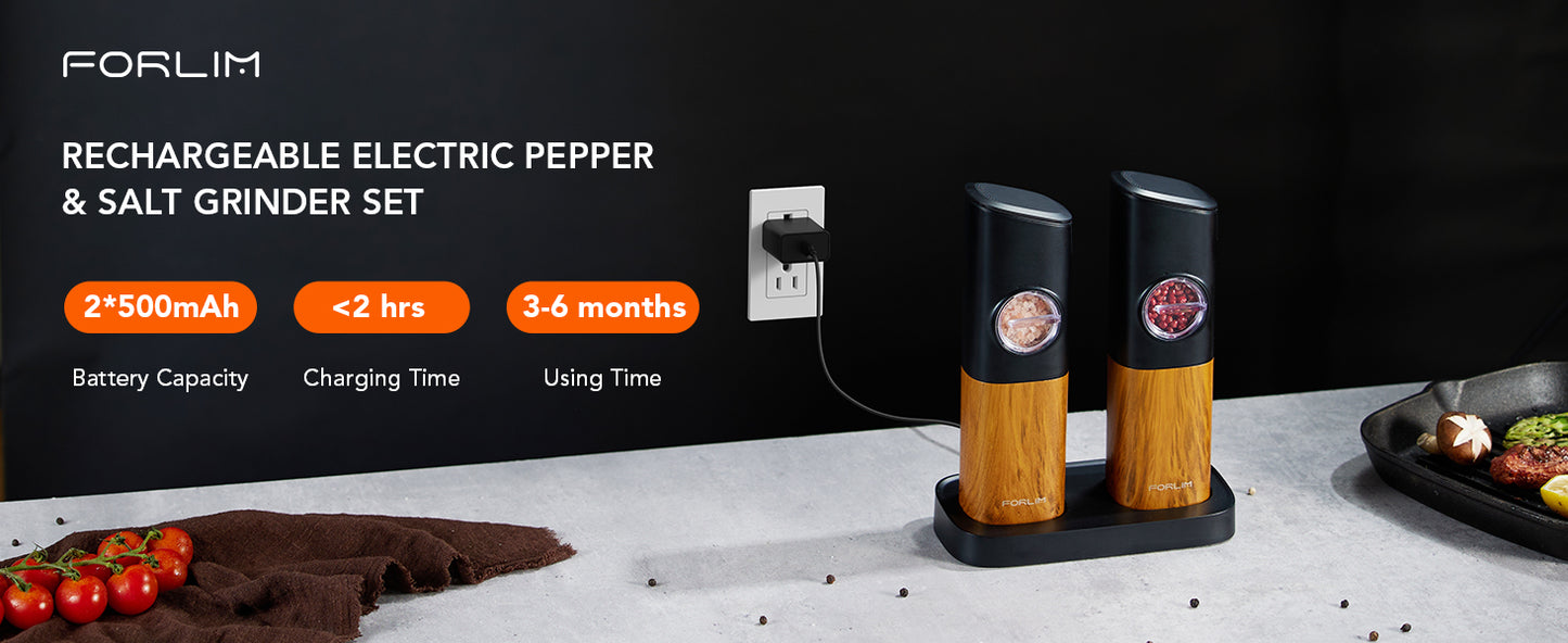 FORLIM Gravity Electric Salt and Pepper Grinder Set, Upgraded Large Capacity, USB Rechargeable Pepper grinder Automatic One Hand Operated, Adjustable Coarseness with LED Light(Natural Wood Grain)