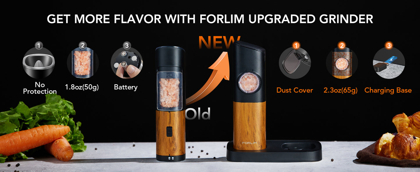 FORLIM Gravity Electric Salt and Pepper Grinder Set, Upgraded Large Capacity, USB Rechargeable Pepper grinder Automatic One Hand Operated, Adjustable Coarseness with LED Light(Natural Wood Grain)