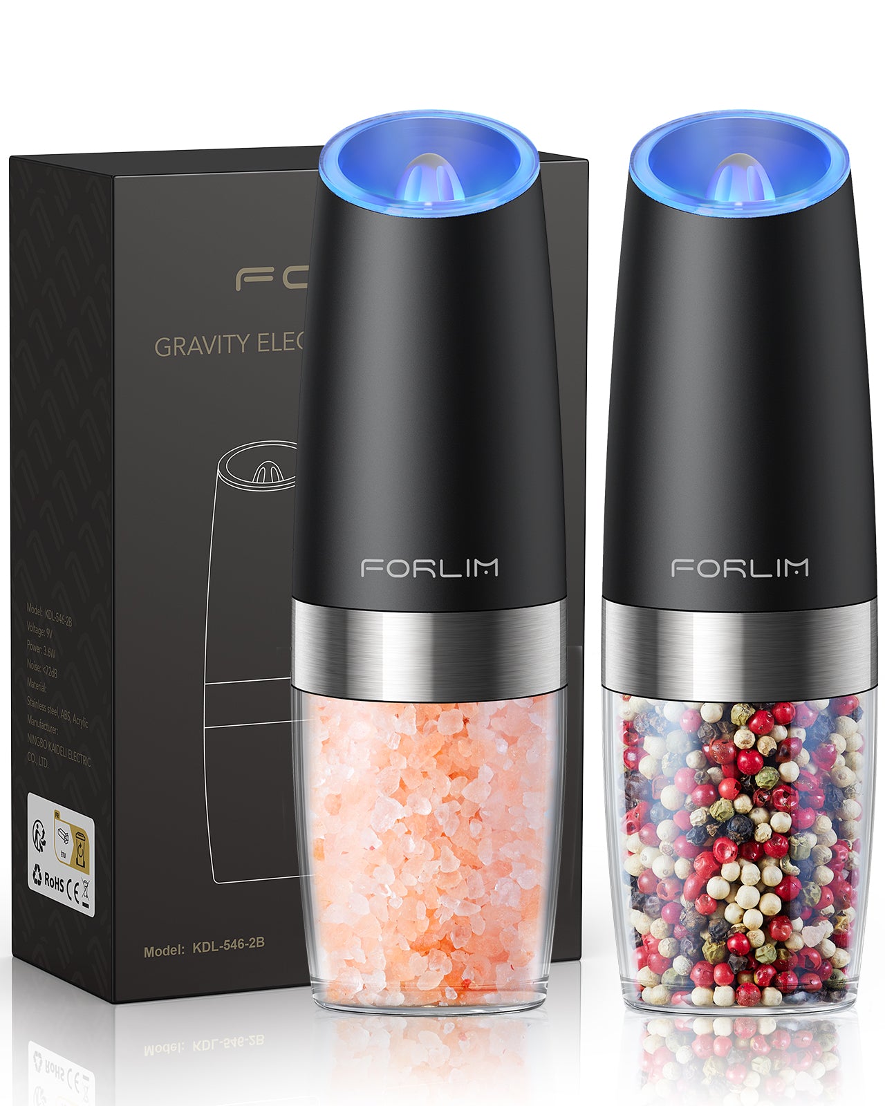 FORLIM Gravity Electric Salt and Pepper Grinder, Automatic Pepper Grinder Shakers Mill, Battery Powered Adjustable Coarseness with LED, One Hand Operation Perfect for Kitchen, Restaurants, Outdoor