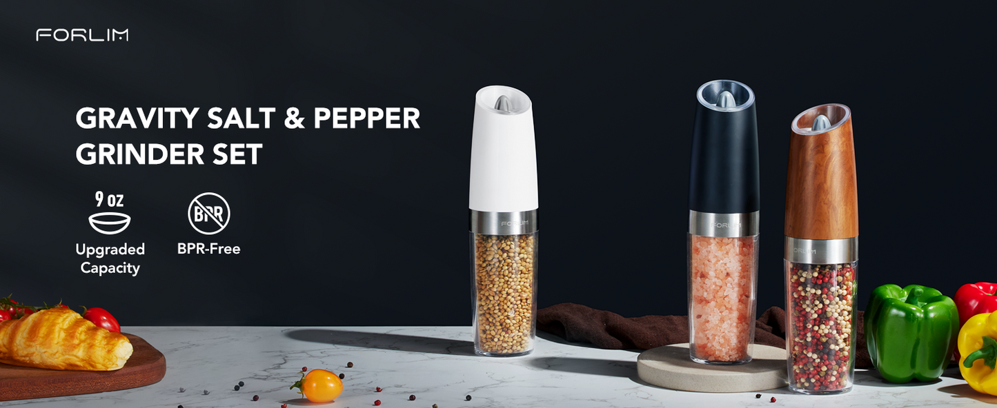 FORLIM Upgraded 9 Oz Capacity Gravity Electric Salt and Pepper Grinder Set, Battery Powered One Hand Operation Refillable Automatic Grinder Shakers Mill Adjustable Coarseness(Black)