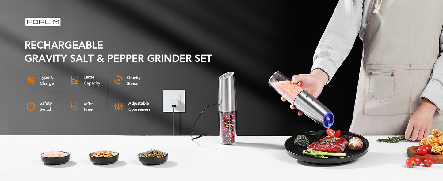 FORLIM Gravity Electric Salt and Pepper Grinder Set, USB Rechargeable 9oz Large Capacity Salt Grinder, Automatic One-Click Grinding One Hand Operated Adjustable Coarseness Pepper Mill(Silver)