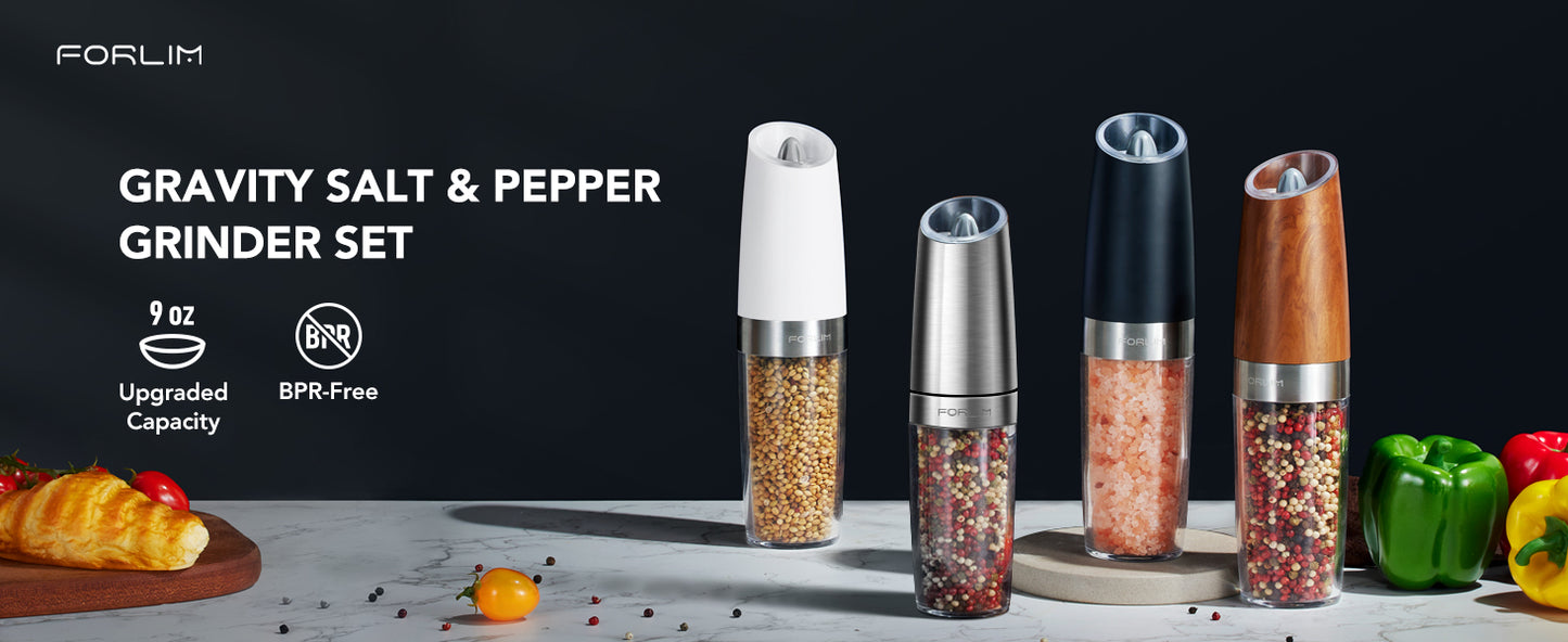 FORLIM Electric Salt and Pepper Grinder Set, Upgraded 9 Oz Large Capacity, Battery Operated Automatic Pepper Grinder Set, Easy to Fill, One Hand Operation, Stainless Steel(Silver)