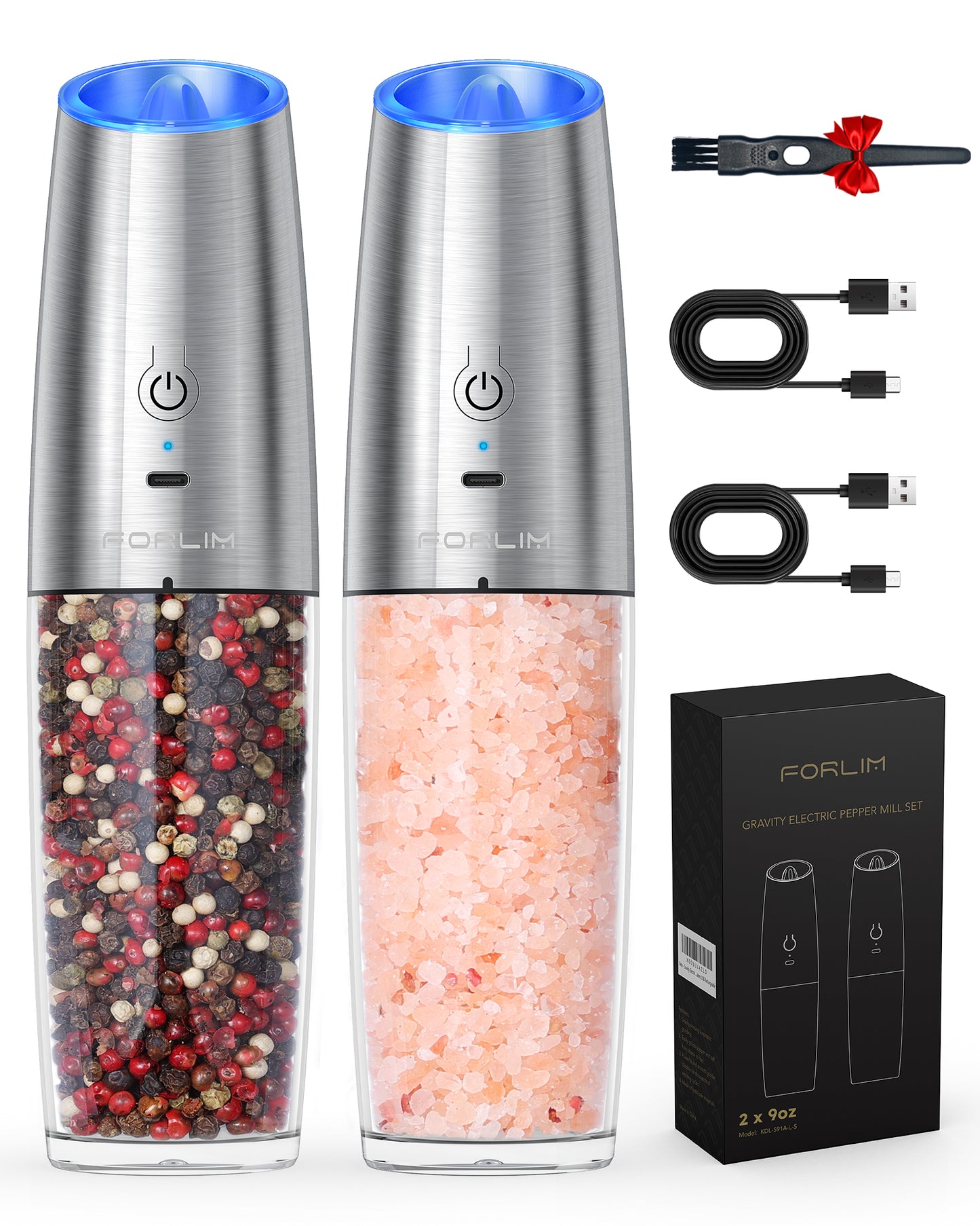 FORLIM Gravity Electric Salt and Pepper Grinder Set, USB Rechargeable 9oz Large Capacity Salt Grinder, Automatic One-Click Grinding One Hand Operated Adjustable Coarseness Pepper Mill(Silver)
