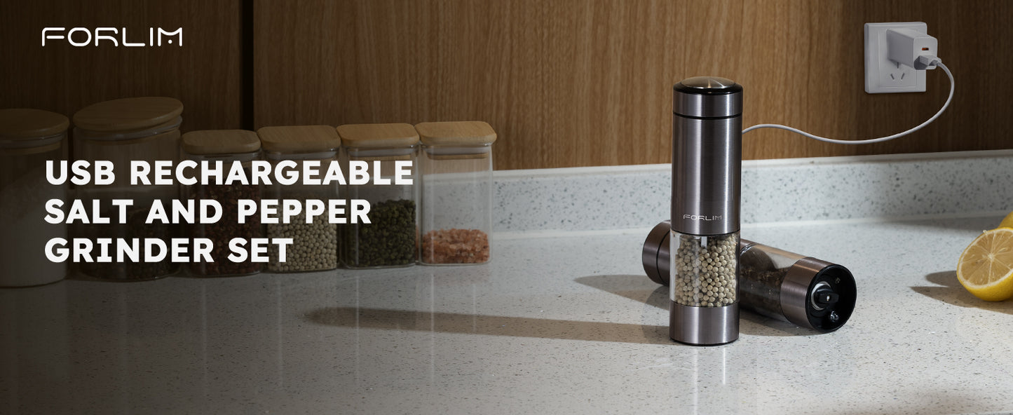 FORLIM Rechargeable Electric Salt and Pepper Grinder Set - Automatic One-Handed Operation Mill with Light (2 Mills) - Electronic Adjustable Shakers - Ceramic Grinder - Gunmetal Gray