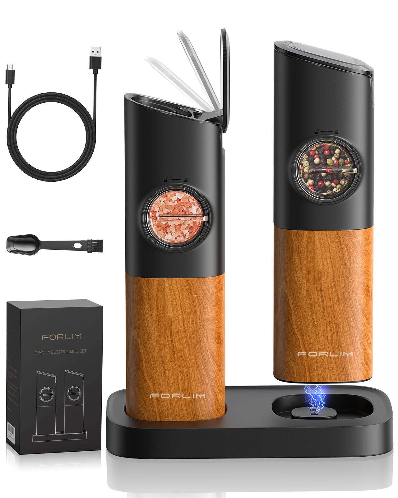 FORLIM Gravity Electric Salt and Pepper Grinder Set, Upgraded Large Capacity, USB Rechargeable Pepper grinder Automatic One Hand Operated, Adjustable Coarseness with LED Light(Natural Wood Grain)