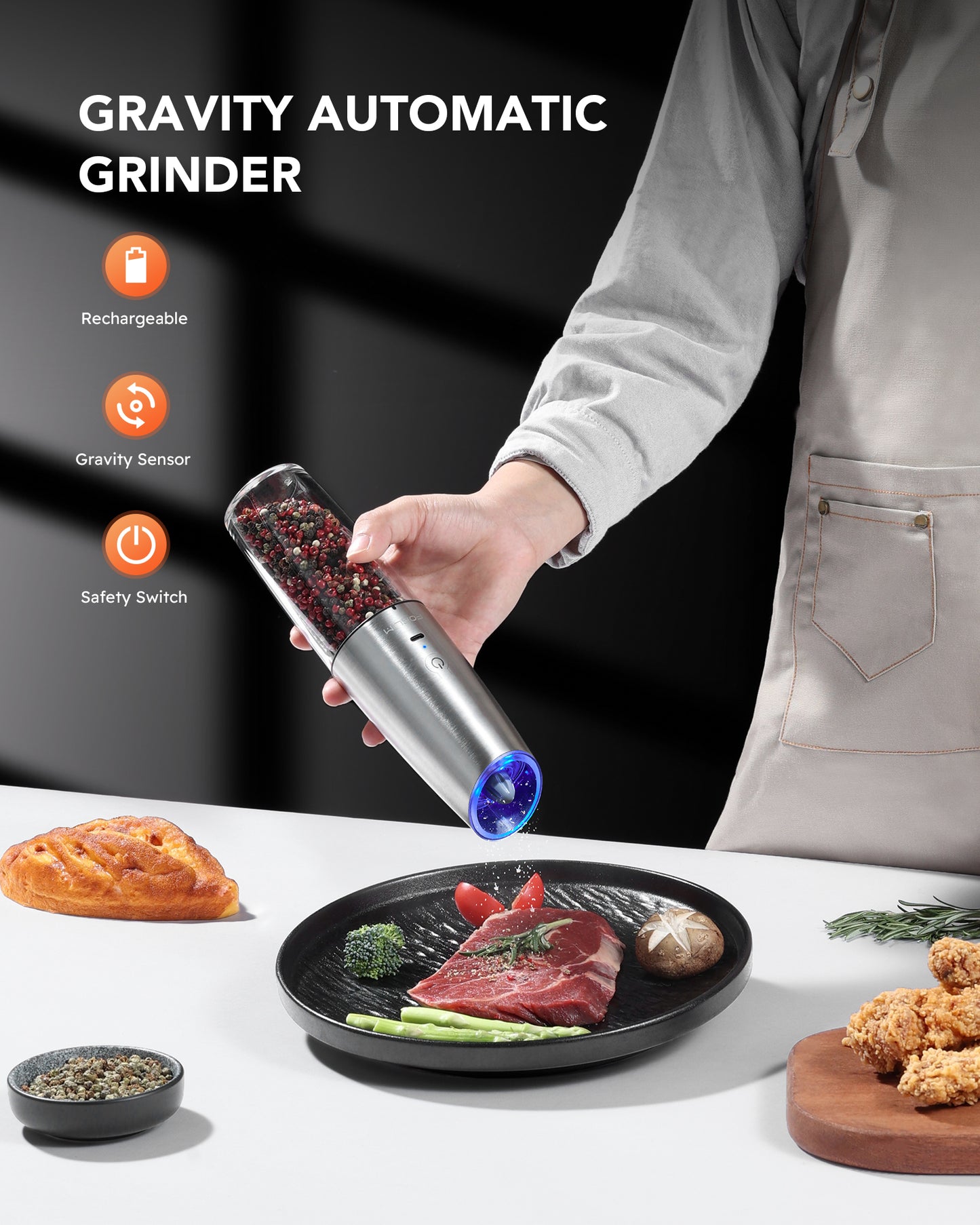FORLIM Gravity Electric Salt and Pepper Grinder Set, USB Rechargeable 9oz Large Capacity Salt Grinder, Automatic One-Click Grinding One Hand Operated Adjustable Coarseness Pepper Mill(Silver)