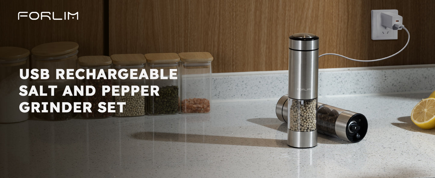 FORLIM Electric Salt and Pepper Grinder Set Rechargeable, Upgraded Washable, Automatic One-Handed Operation with LED, Adjustable Coarseness Pepper and Salt Grinder Refillable, Stainless Steel(Silver)