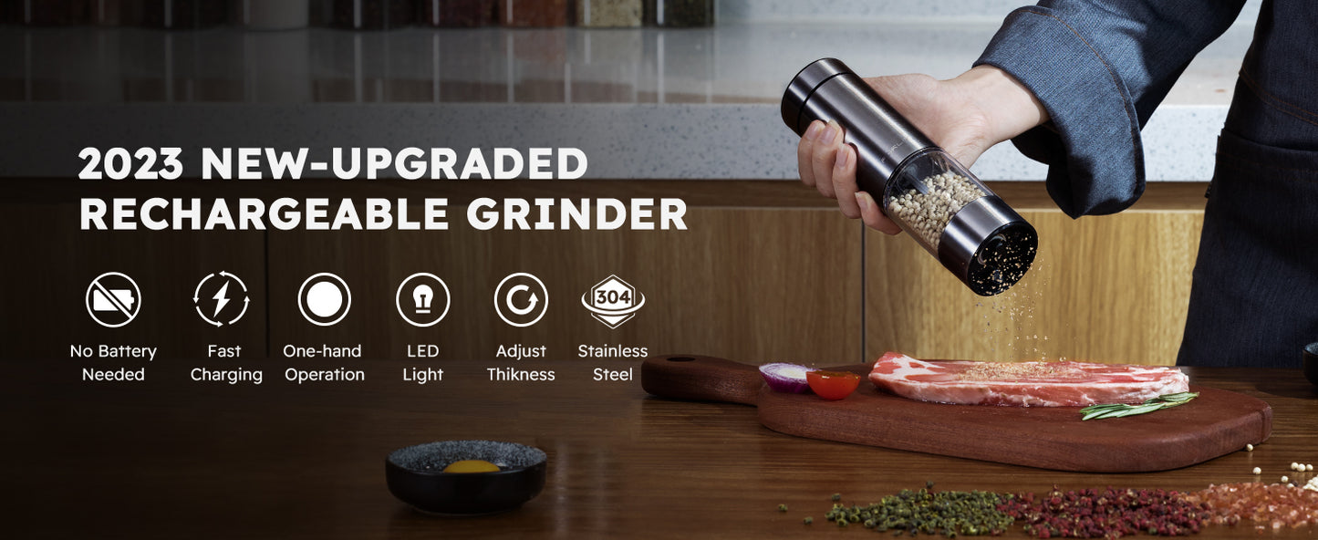 FORLIM Rechargeable Electric Salt and Pepper Grinder Set - Automatic One-Handed Operation Mill with Light (2 Mills) - Electronic Adjustable Shakers - Ceramic Grinder - Gunmetal Gray