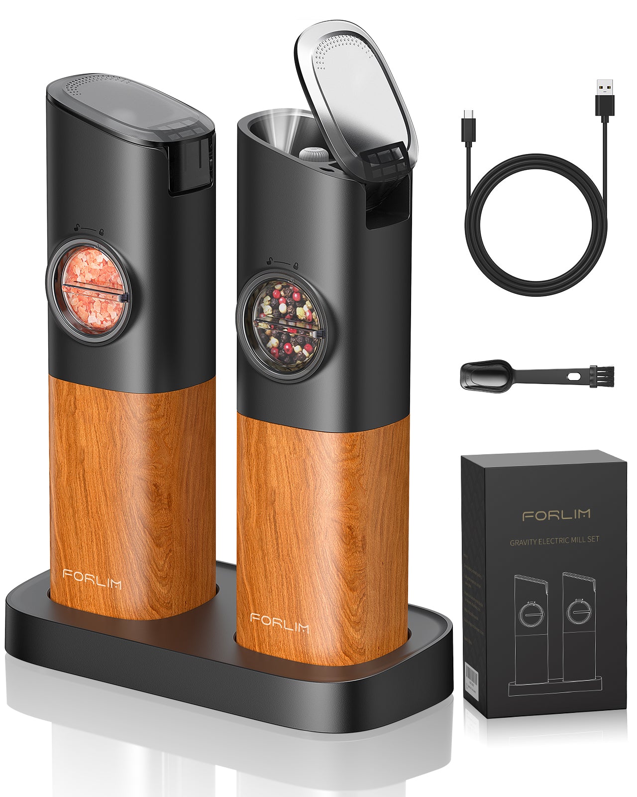 FORLIM Gravity Electric Salt and Pepper Grinder Set, Upgraded Large Capacity, USB Rechargeable Pepper grinder Automatic One Hand Operated, Adjustable Coarseness with LED Light(Natural Wood Grain)