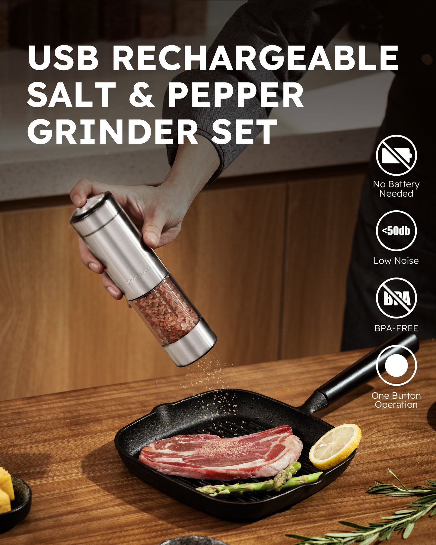 FORLIM Electric Salt and Pepper Grinder Set Rechargeable, Upgraded Washable, Automatic One-Handed Operation with LED, Adjustable Coarseness Pepper and Salt Grinder Refillable, Stainless Steel(Silver)
