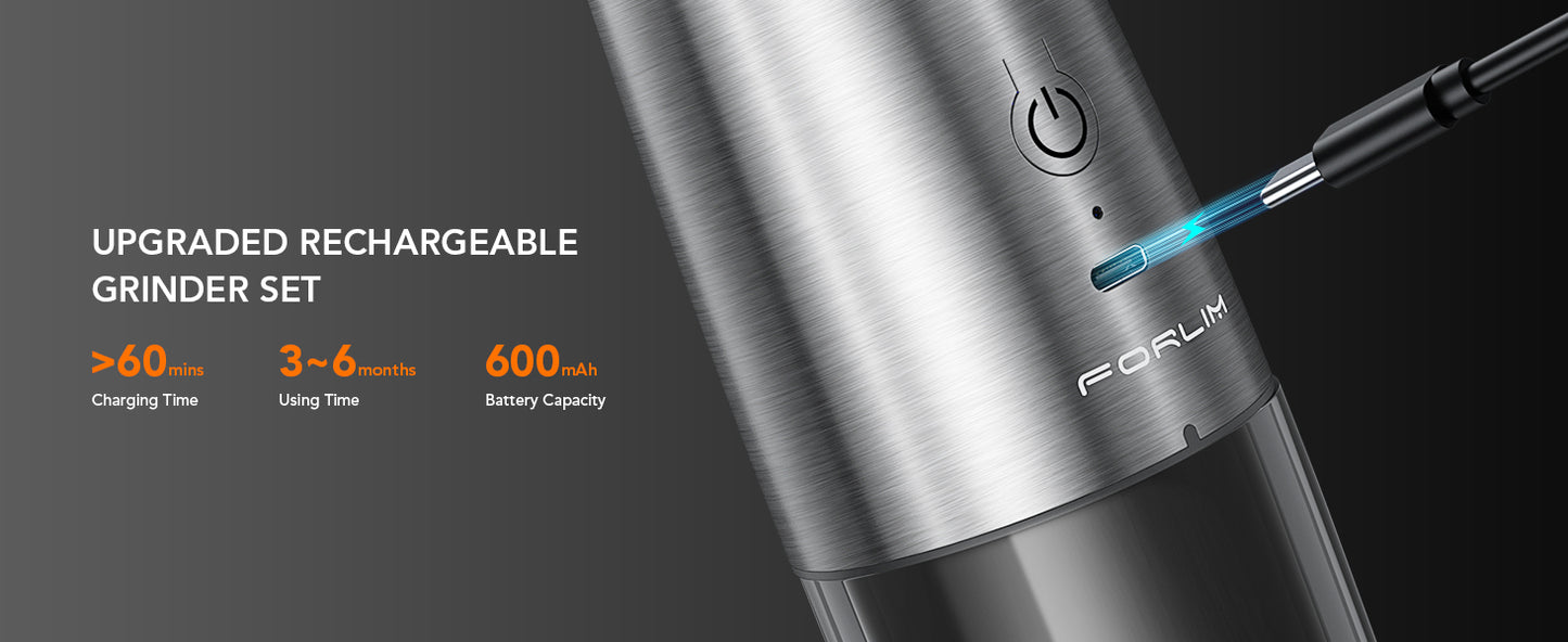 FORLIM Gravity Electric Salt and Pepper Grinder Set, USB Rechargeable 9oz Large Capacity Salt Grinder, Automatic One-Click Grinding One Hand Operated Adjustable Coarseness Pepper Mill(Silver)