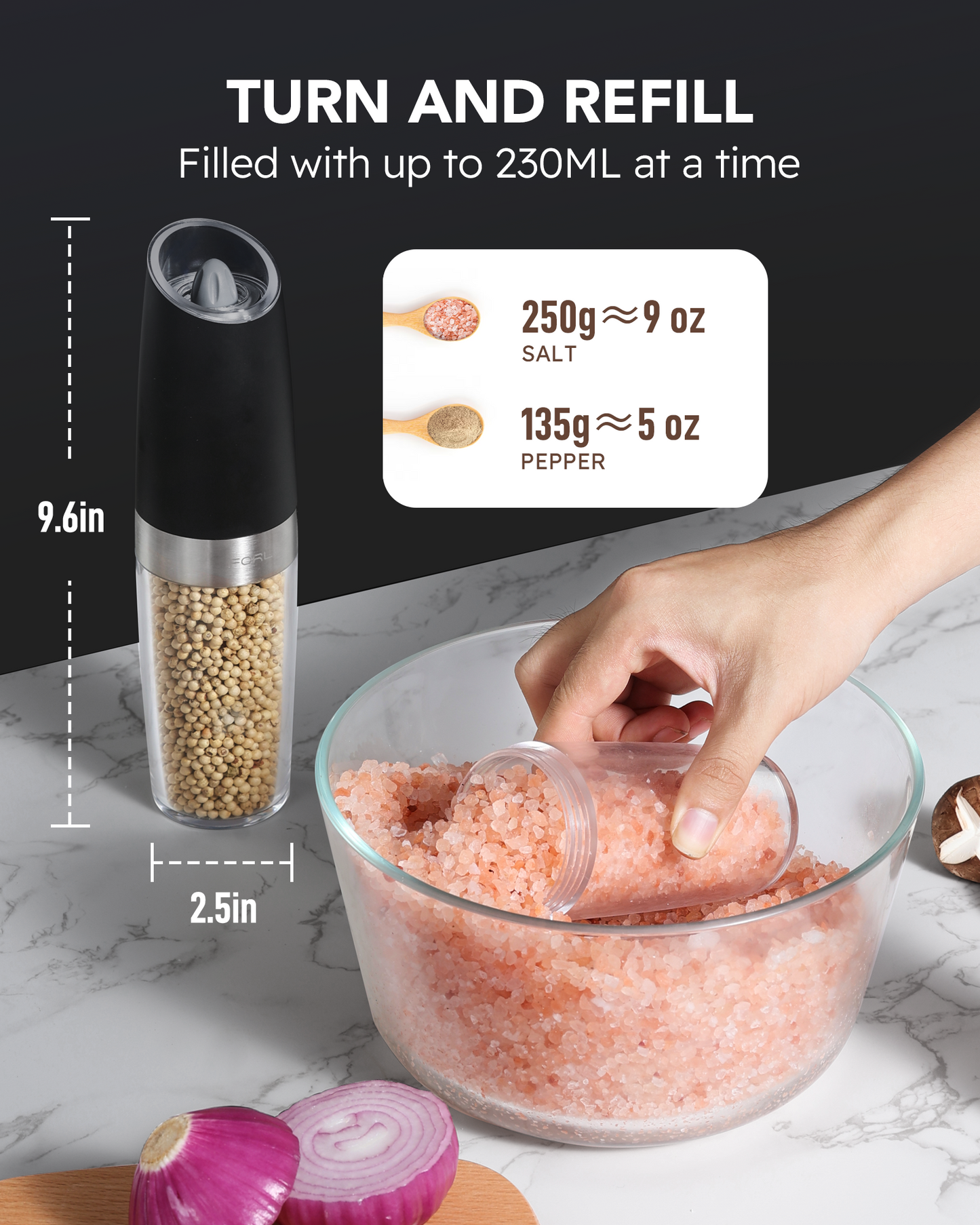 FORLIM Upgraded 9 Oz Capacity Gravity Electric Salt and Pepper Grinder Set, Battery Powered One Hand Operation Refillable Automatic Grinder Shakers Mill Adjustable Coarseness(Black)