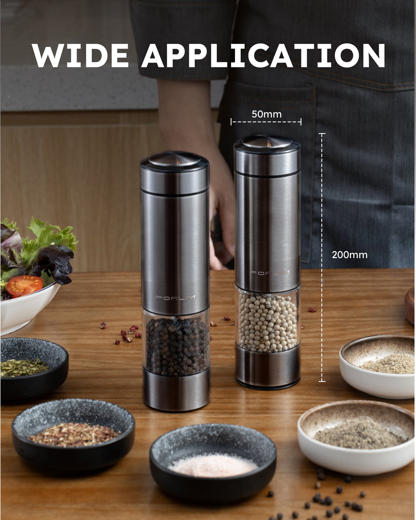 FORLIM Rechargeable Electric Salt and Pepper Grinder Set - Automatic One-Handed Operation Mill with Light (2 Mills) - Electronic Adjustable Shakers - Ceramic Grinder - Gunmetal Gray