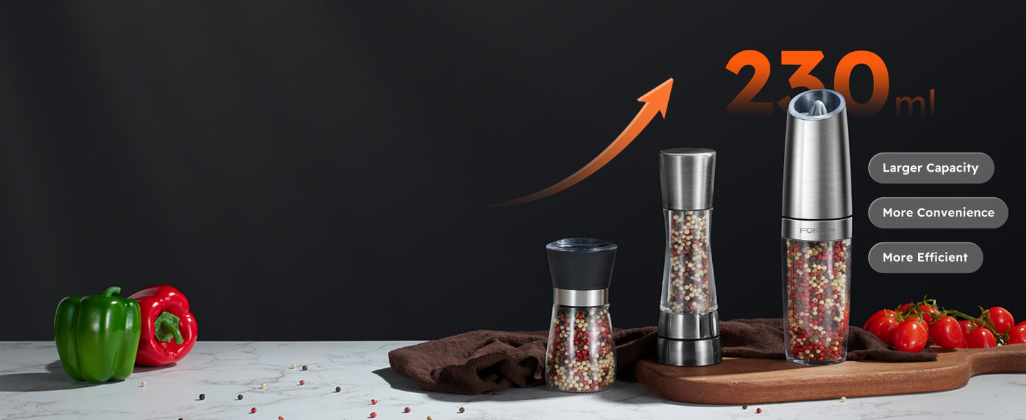 FORLIM Electric Salt and Pepper Grinder Set, Upgraded 9 Oz Large Capacity, Battery Operated Automatic Pepper Grinder Set, Easy to Fill, One Hand Operation, Stainless Steel(Silver)