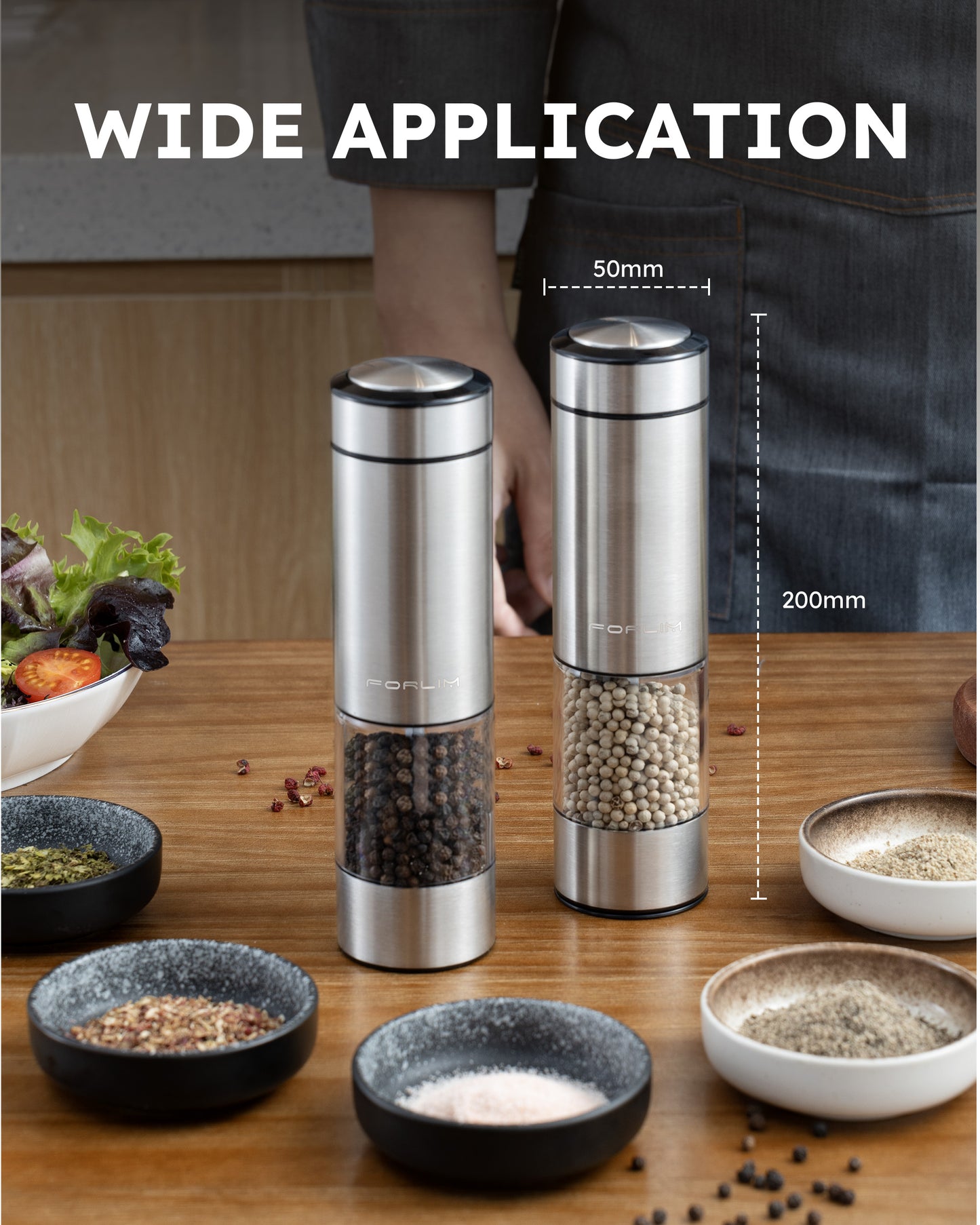 FORLIM Electric Salt and Pepper Grinder Set Rechargeable, Upgraded Washable, Automatic One-Handed Operation with LED, Adjustable Coarseness Pepper and Salt Grinder Refillable, Stainless Steel(Silver)