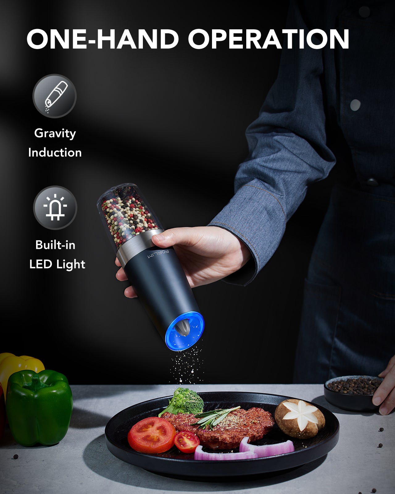 FORLIM Gravity Electric Salt and Pepper Grinder, Automatic Pepper Grinder Shakers Mill, Battery Powered Adjustable Coarseness with LED, One Hand Operation Perfect for Kitchen, Restaurants, Outdoor
