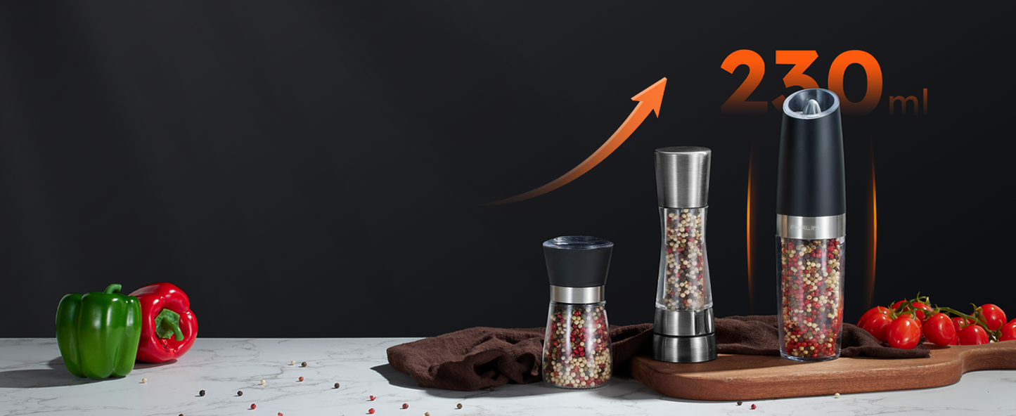 FORLIM Upgraded 9 Oz Capacity Gravity Electric Salt and Pepper Grinder Set, Battery Powered One Hand Operation Refillable Automatic Grinder Shakers Mill Adjustable Coarseness(Black)
