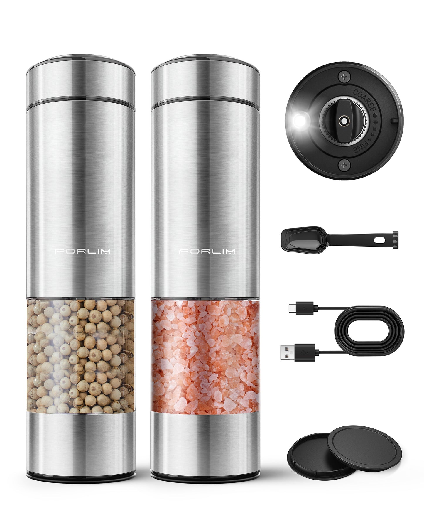 FORLIM Electric Salt and Pepper Grinder Set Rechargeable, Upgraded Washable, Automatic One-Handed Operation with LED, Adjustable Coarseness Pepper and Salt Grinder Refillable, Stainless Steel(Silver)