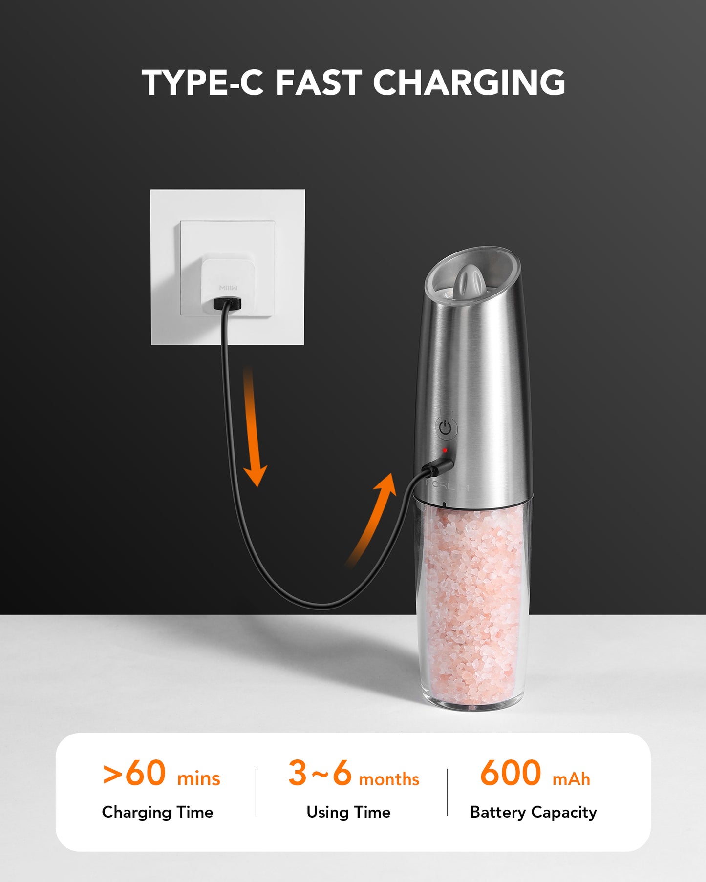 FORLIM Gravity Electric Salt and Pepper Grinder Set, USB Rechargeable 9oz Large Capacity Salt Grinder, Automatic One-Click Grinding One Hand Operated Adjustable Coarseness Pepper Mill(Silver)