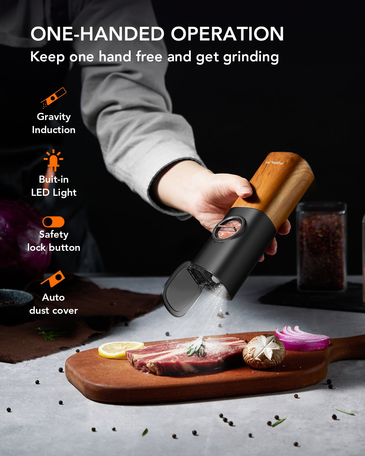 FORLIM Gravity Electric Salt and Pepper Grinder Set, Upgraded Large Capacity, USB Rechargeable Pepper grinder Automatic One Hand Operated, Adjustable Coarseness with LED Light(Natural Wood Grain)