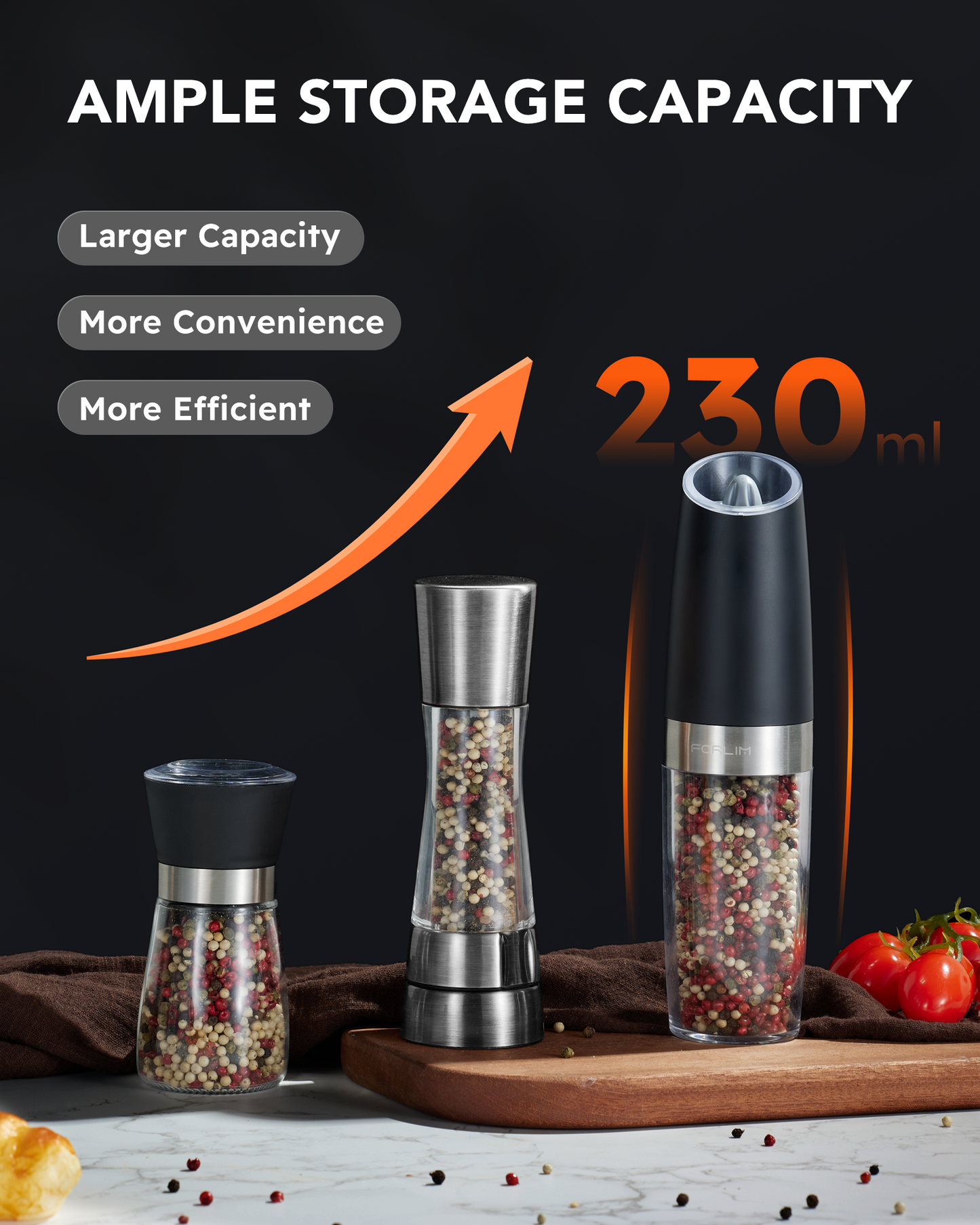 FORLIM Upgraded 9 Oz Capacity Gravity Electric Salt and Pepper Grinder Set, Battery Powered One Hand Operation Refillable Automatic Grinder Shakers Mill Adjustable Coarseness(Black)