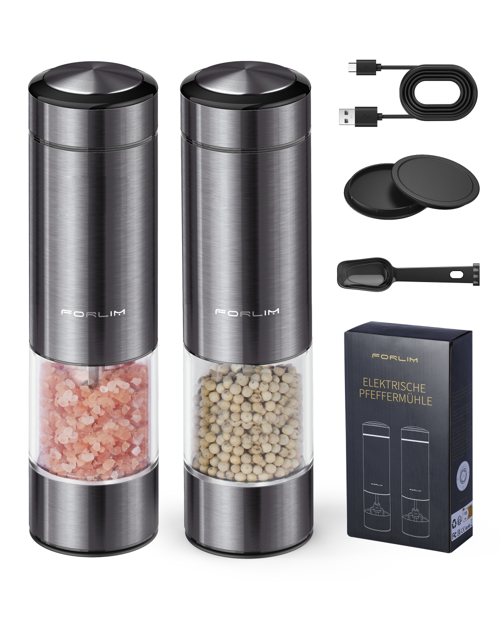 FORLIM Rechargeable Electric Salt and Pepper Grinder Set - Automatic One-Handed Operation Mill with Light (2 Mills) - Electronic Adjustable Shakers - Ceramic Grinder - Gunmetal Gray