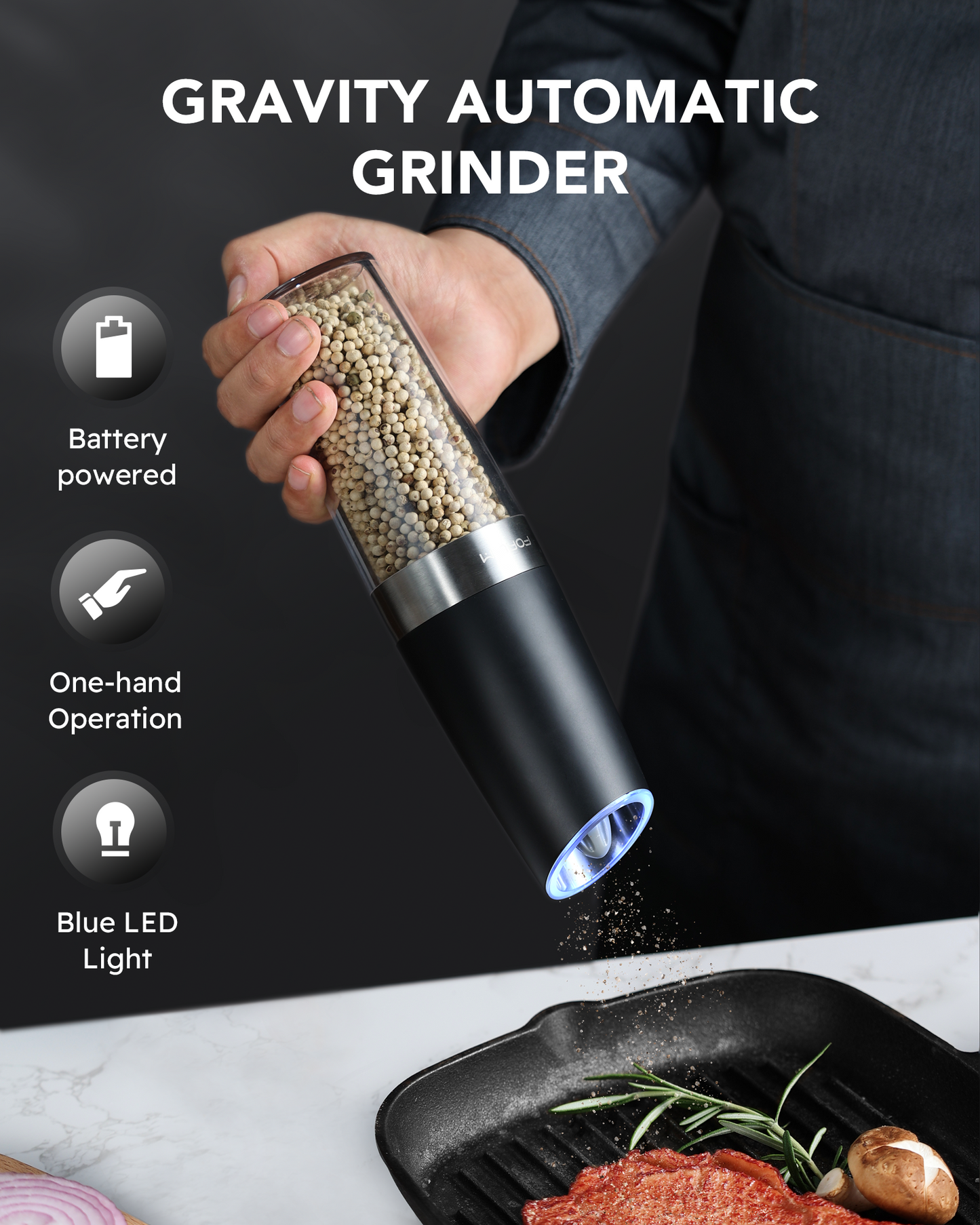 FORLIM Upgraded 9 Oz Capacity Gravity Electric Salt and Pepper Grinder Set, Battery Powered One Hand Operation Refillable Automatic Grinder Shakers Mill Adjustable Coarseness(Black)