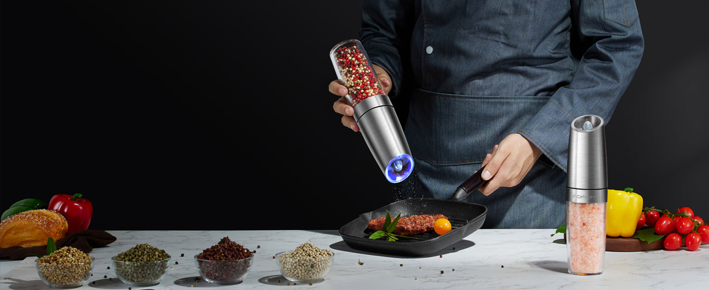 FORLIM Electric Salt and Pepper Grinder Set, Upgraded 9 Oz Large Capacity, Battery Operated Automatic Pepper Grinder Set, Easy to Fill, One Hand Operation, Stainless Steel(Silver)
