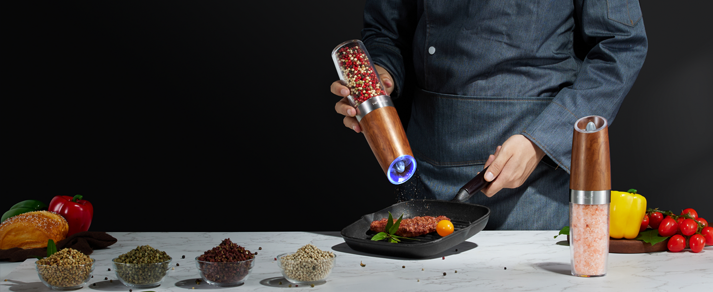 FORLIM Upgraded 9 Oz Capacity Gravity Electric Salt and Pepper Grinder Set, Battery Powered One Hand Operation Refillable Automatic Grinder Shakers Mill Adjustable Coarseness(Black)