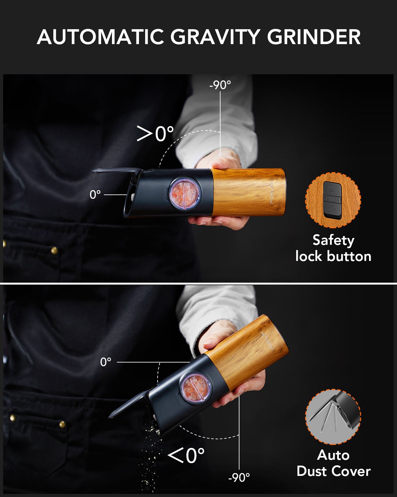 FORLIM Gravity Electric Salt and Pepper Grinder Set, Upgraded Large Capacity, USB Rechargeable Pepper grinder Automatic One Hand Operated, Adjustable Coarseness with LED Light(Natural Wood Grain)