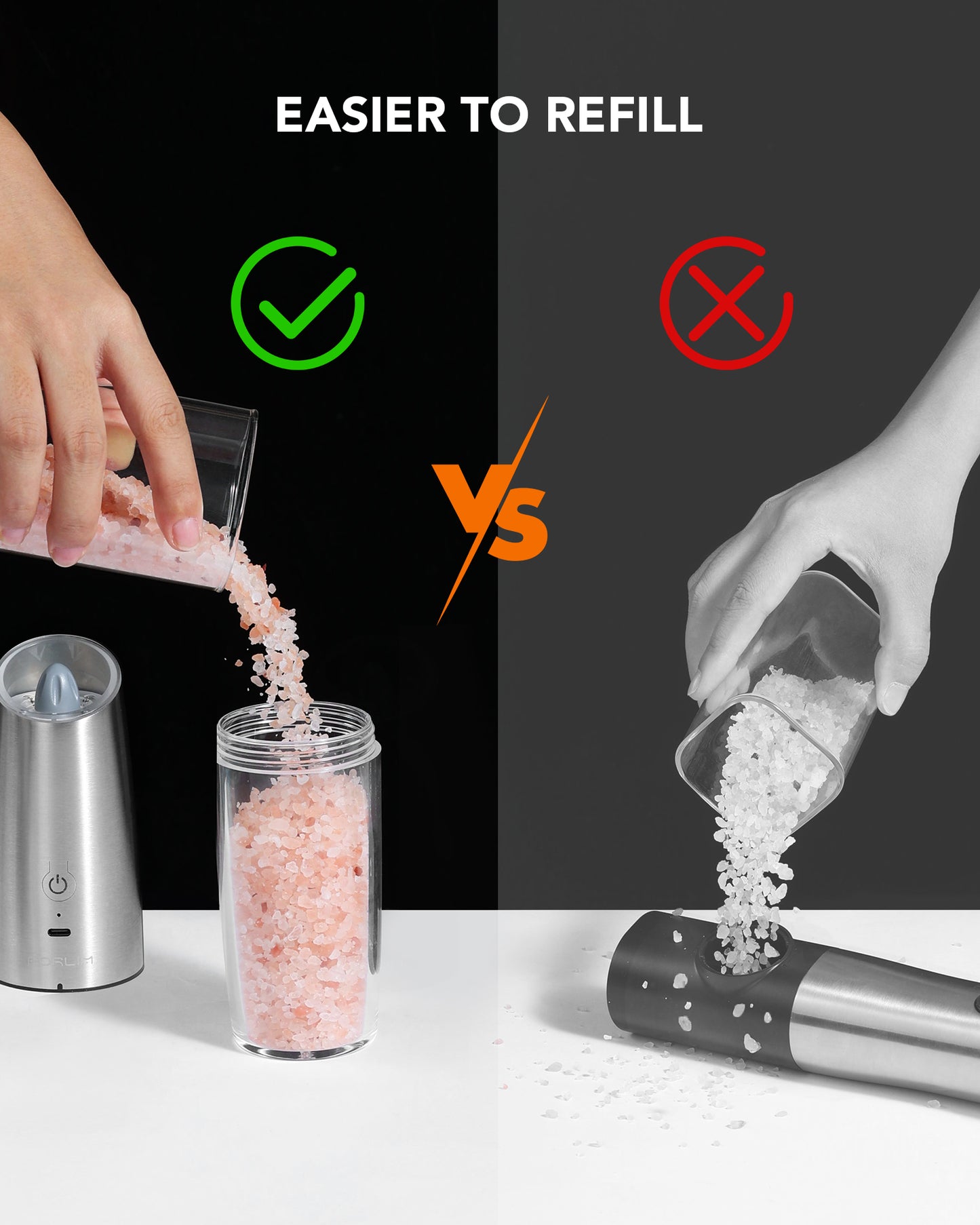 FORLIM Gravity Electric Salt and Pepper Grinder Set, USB Rechargeable 9oz Large Capacity Salt Grinder, Automatic One-Click Grinding One Hand Operated Adjustable Coarseness Pepper Mill(Silver)