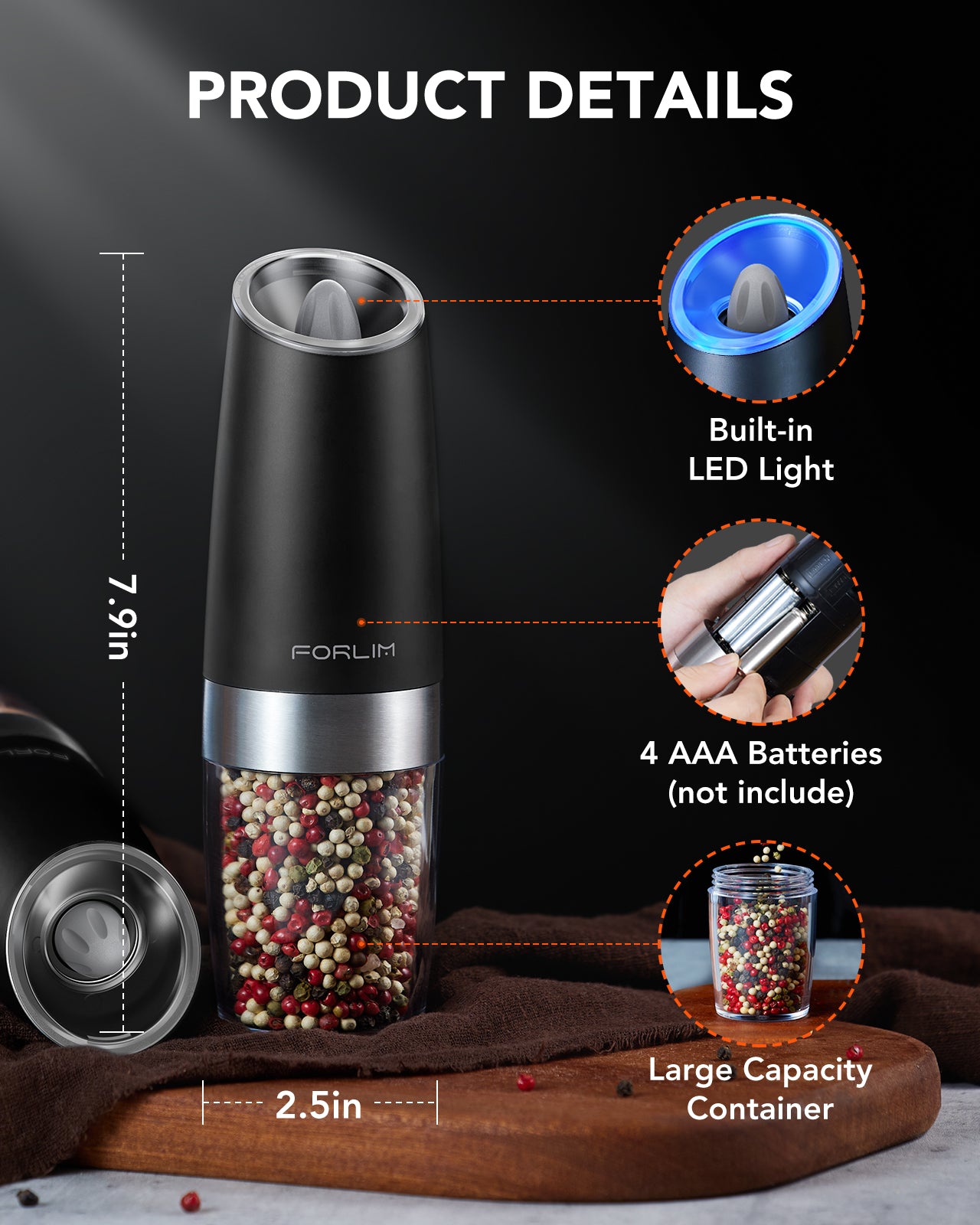 FORLIM Gravity Electric Salt and Pepper Grinder, Automatic Pepper Grinder Shakers Mill, Battery Powered Adjustable Coarseness with LED, One Hand Operation Perfect for Kitchen, Restaurants, Outdoor