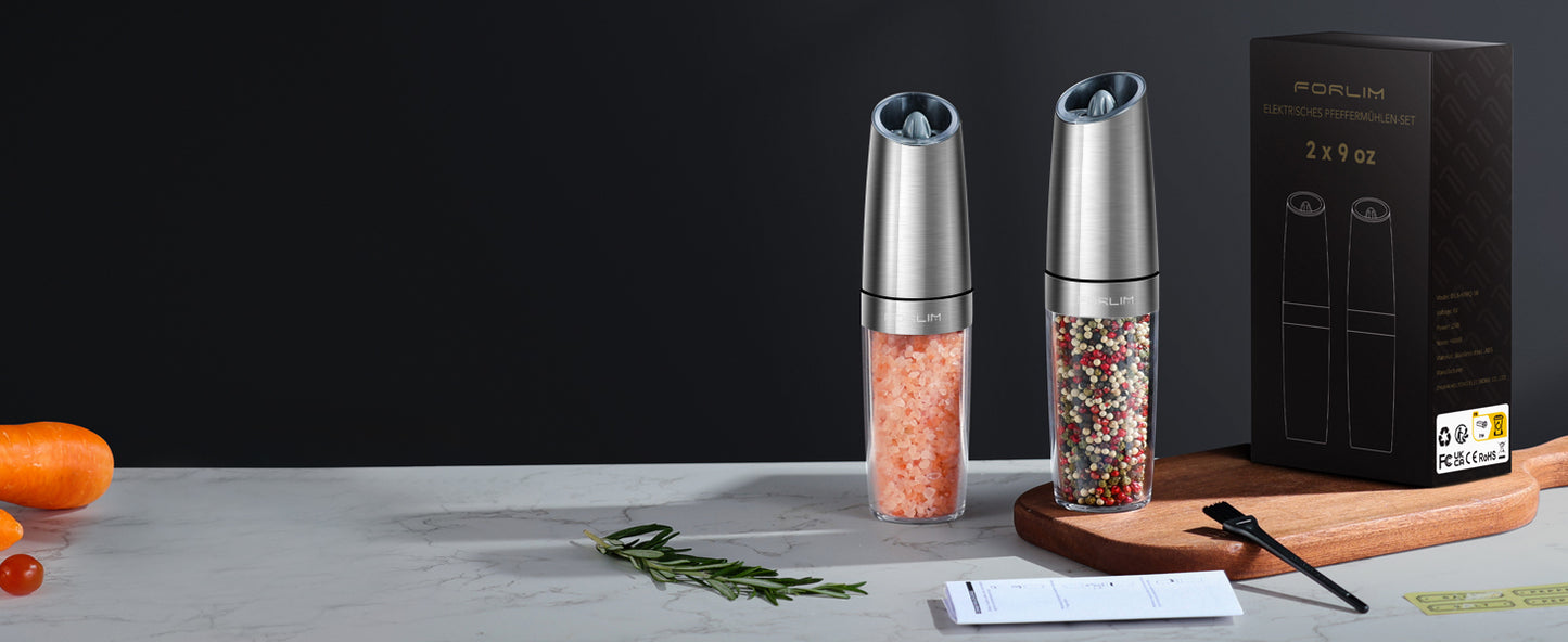 FORLIM Electric Salt and Pepper Grinder Set, Upgraded 9 Oz Large Capacity, Battery Operated Automatic Pepper Grinder Set, Easy to Fill, One Hand Operation, Stainless Steel(Silver)