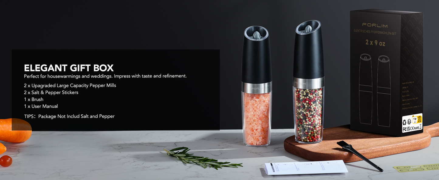 FORLIM Upgraded 9 Oz Capacity Gravity Electric Salt and Pepper Grinder Set, Battery Powered One Hand Operation Refillable Automatic Grinder Shakers Mill Adjustable Coarseness(Black)