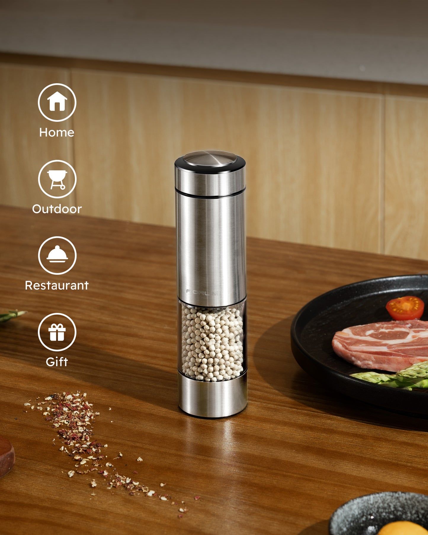 FORLIM Electric Salt and Pepper Grinder Set Rechargeable, Upgraded Washable, Automatic One-Handed Operation with LED, Adjustable Coarseness Pepper and Salt Grinder Refillable, Stainless Steel(Silver)