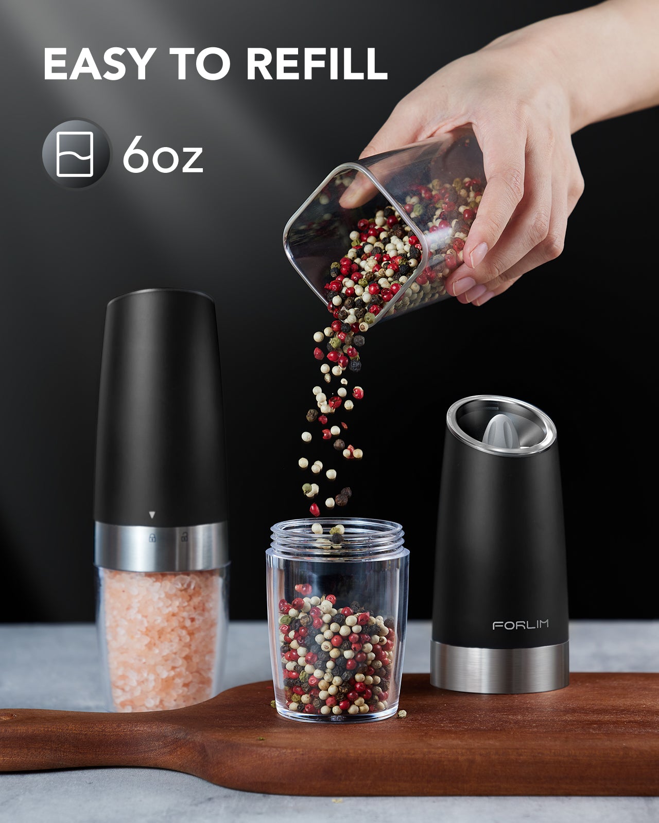 FORLIM Gravity Electric Salt and Pepper Grinder, Automatic Pepper Grinder Shakers Mill, Battery Powered Adjustable Coarseness with LED, One Hand Operation Perfect for Kitchen, Restaurants, Outdoor