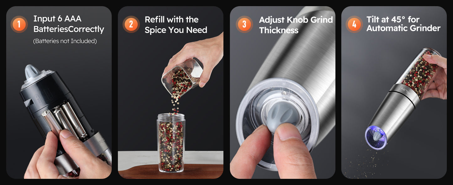FORLIM Electric Salt and Pepper Grinder Set, Upgraded 9 Oz Large Capacity, Battery Operated Automatic Pepper Grinder Set, Easy to Fill, One Hand Operation, Stainless Steel(Silver)