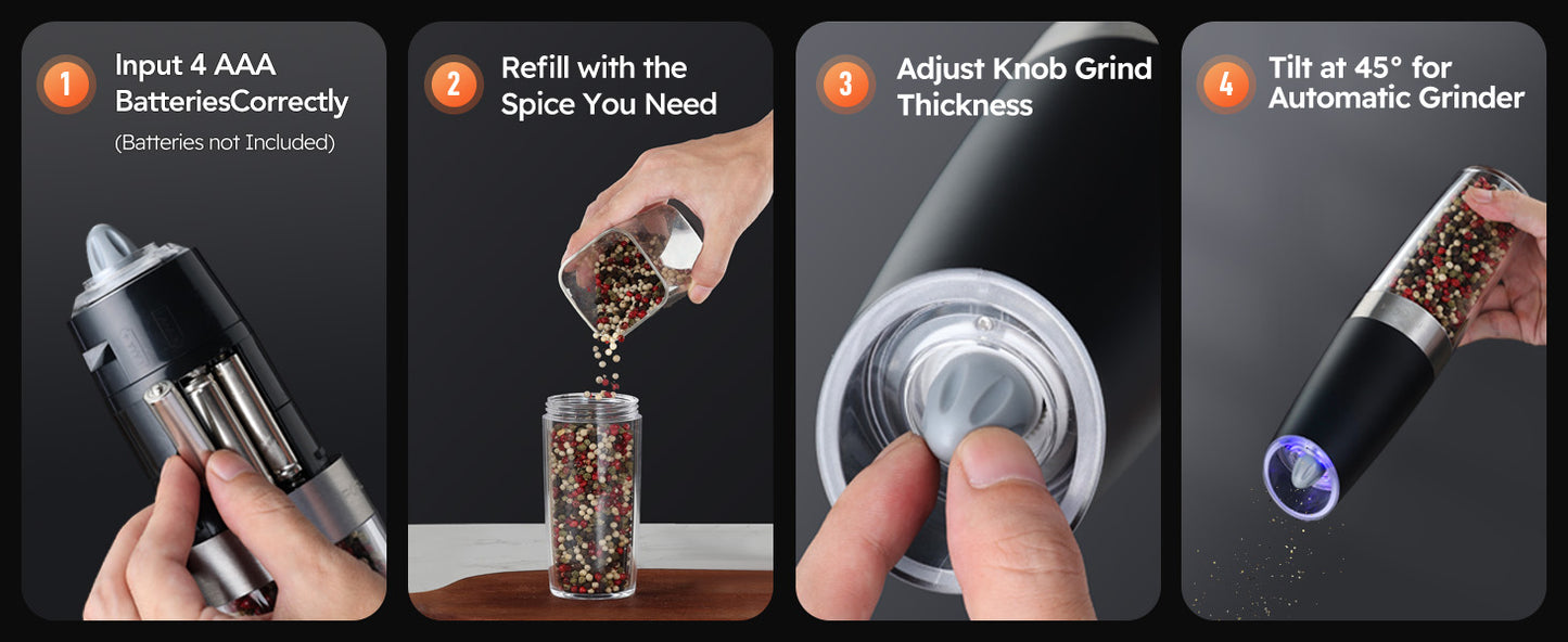 FORLIM Upgraded 9 Oz Capacity Gravity Electric Salt and Pepper Grinder Set, Battery Powered One Hand Operation Refillable Automatic Grinder Shakers Mill Adjustable Coarseness(Black)