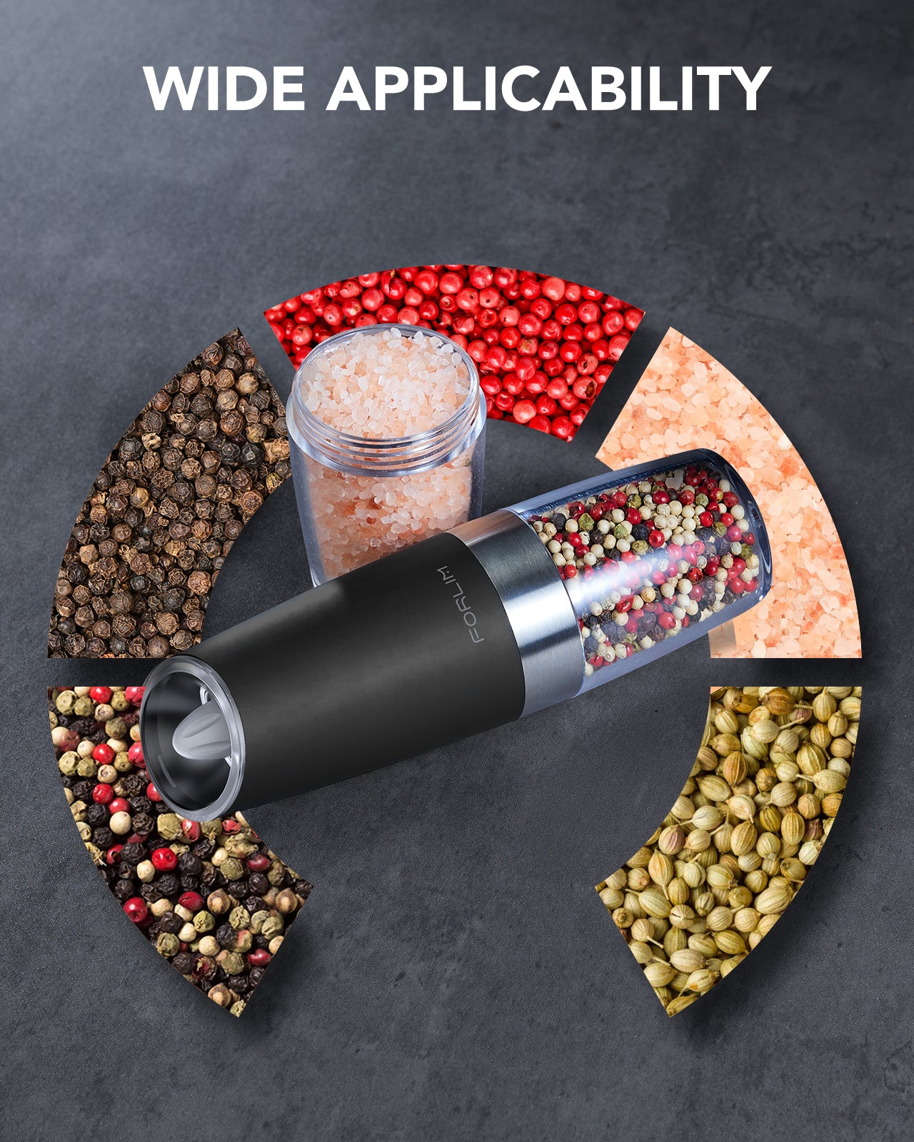 FORLIM Gravity Electric Salt and Pepper Grinder, Automatic Pepper Grinder Shakers Mill, Battery Powered Adjustable Coarseness with LED, One Hand Operation Perfect for Kitchen, Restaurants, Outdoor