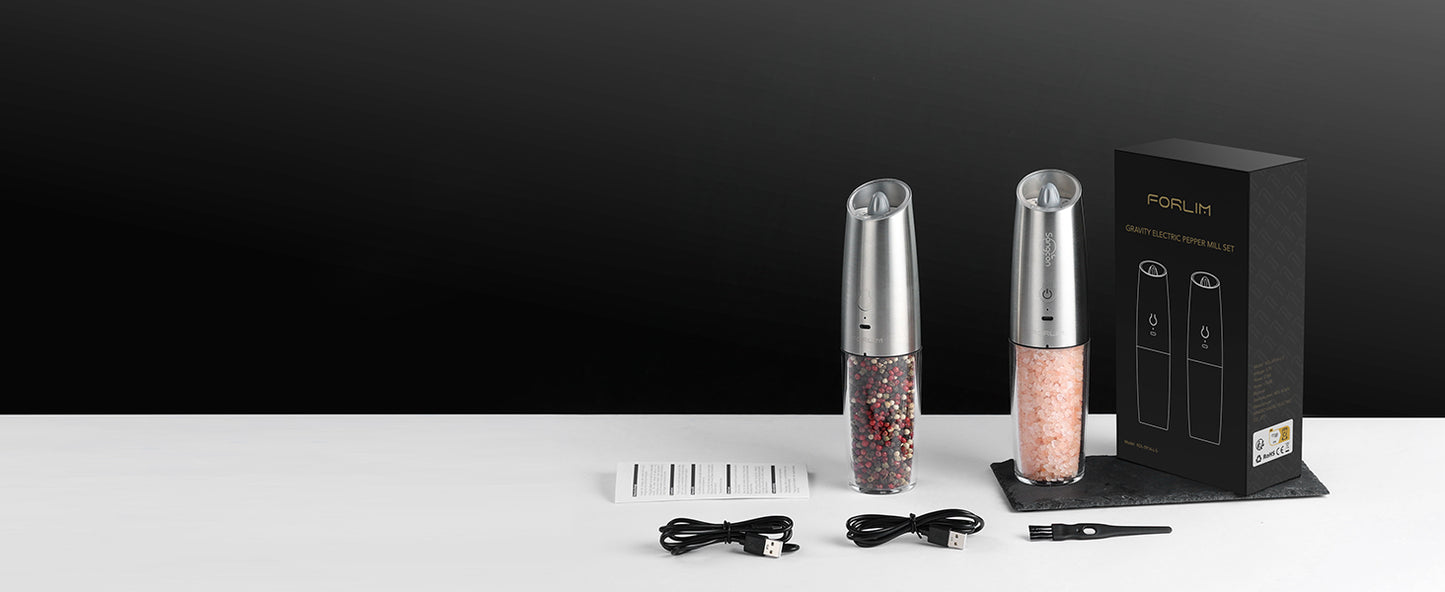 FORLIM Gravity Electric Salt and Pepper Grinder Set, USB Rechargeable 9oz Large Capacity Salt Grinder, Automatic One-Click Grinding One Hand Operated Adjustable Coarseness Pepper Mill(Silver)