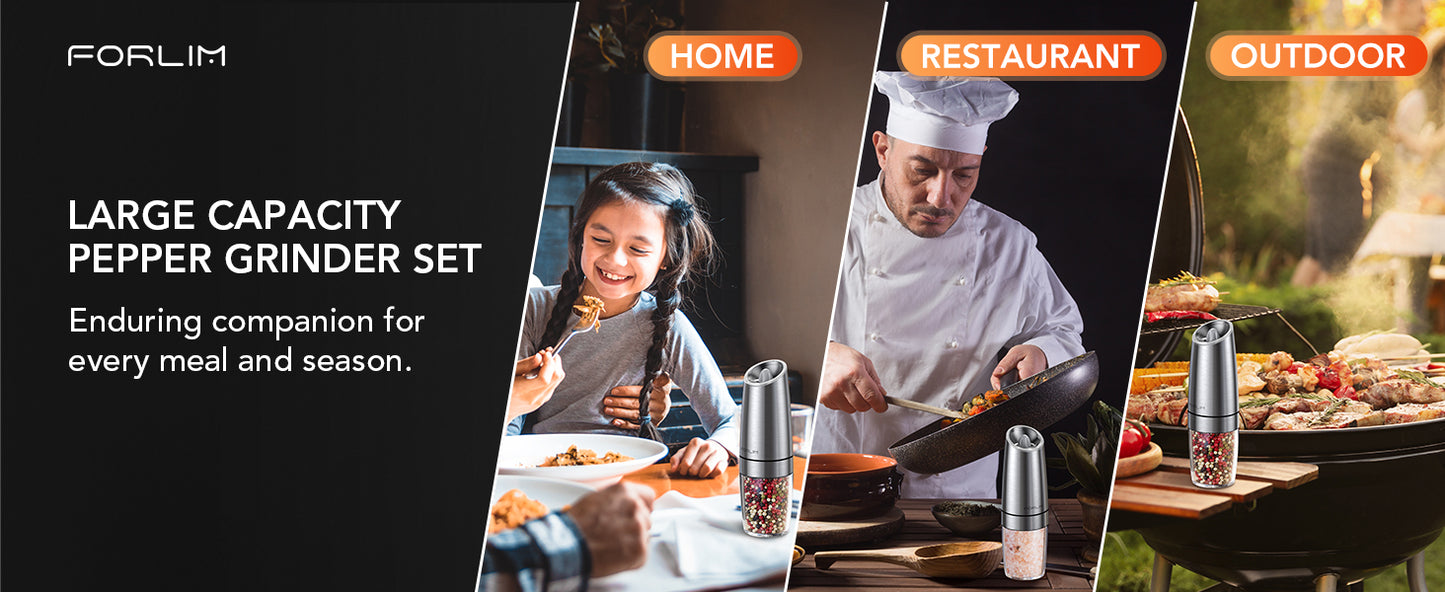 FORLIM Electric Salt and Pepper Grinder, Upgraded 4 Batteries, Automatic Pepper Grinder with LED Light, Adjustable Coarseness One Hand Operation, Stainless Steel, 1Pack(Sliver)