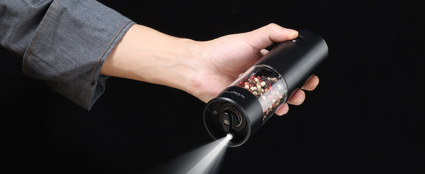 FORLIM Electric Salt and Pepper Grinder Set, Upgraded Washable 95 ml Capacity, 4AAA Batteries Powered, One Handed Operation Automatic Mill with LED, Refillable Adjustable Coarseness(Black)