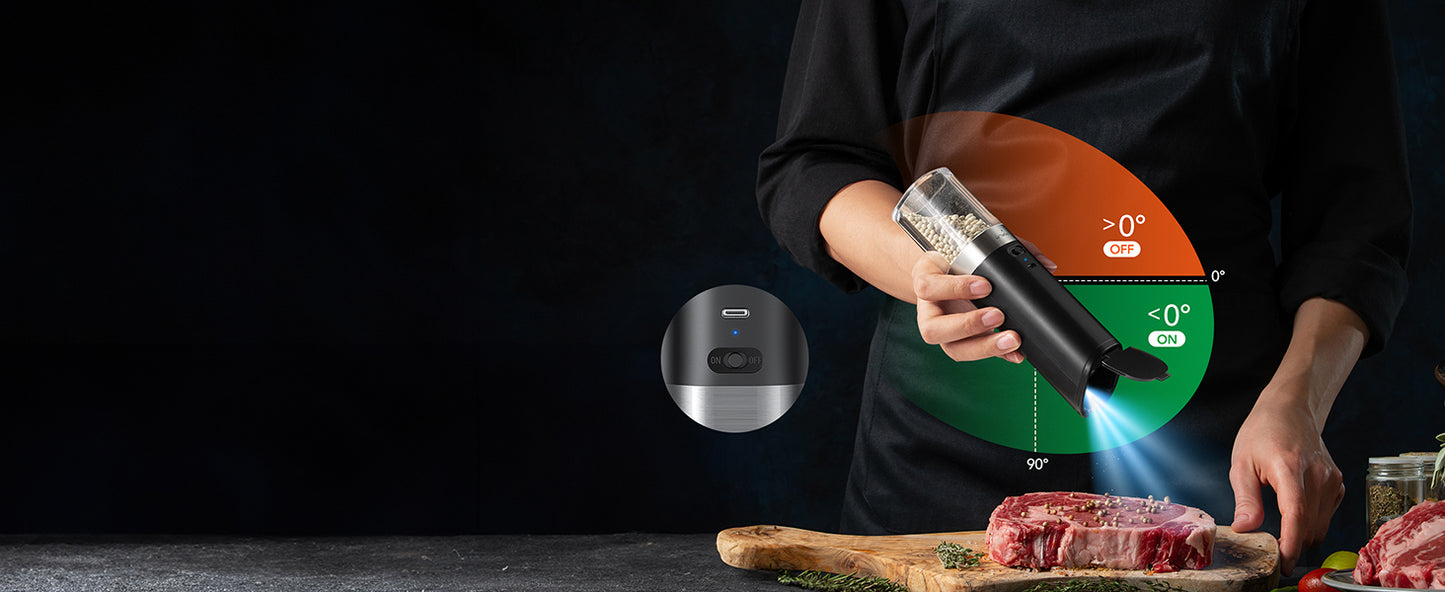 FORLIM Salt and pepper grinder with integrated dust cover, gravity-operated USB rechargeable pepper mill, adjustable coarseness, portable and suitable for travel and outdoor BBQ (White)