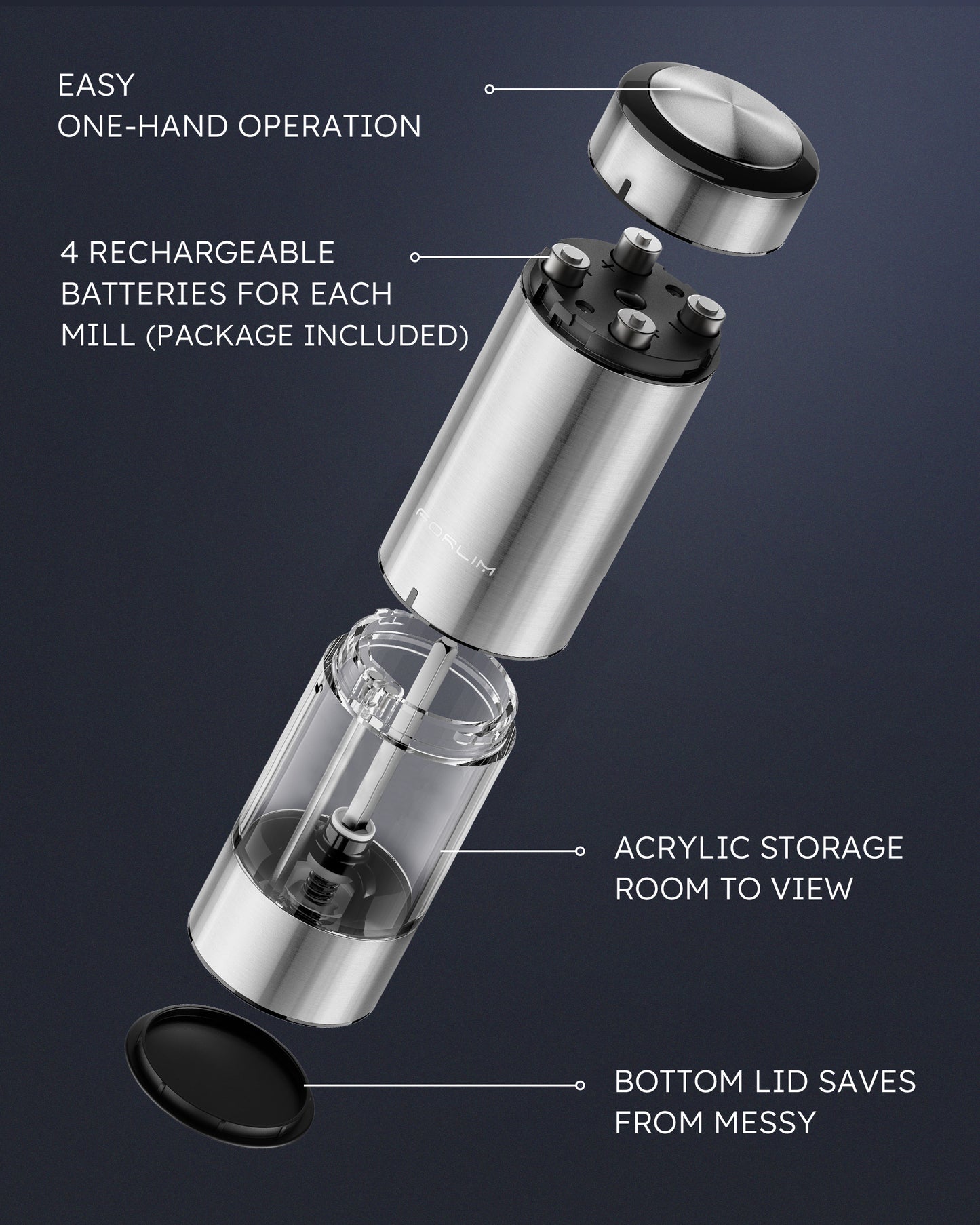 FORLIM Electric Salt and Pepper Grinder Set Rechargeable, Upgraded Washable, Automatic One-Handed Operation with LED, Adjustable Coarseness Pepper and Salt Grinder Refillable, Stainless Steel(Silver)