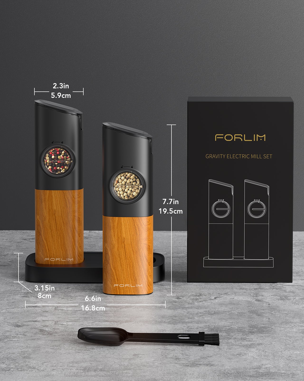 FORLIM Gravity Electric Salt and Pepper Grinder Set, Upgraded Large Capacity, USB Rechargeable Pepper grinder Automatic One Hand Operated, Adjustable Coarseness with LED Light(Natural Wood Grain)
